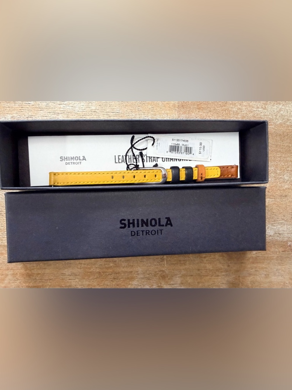 Shinola Yellow and Brown Leather Watch Strap with Black Keeper NWT 8mm